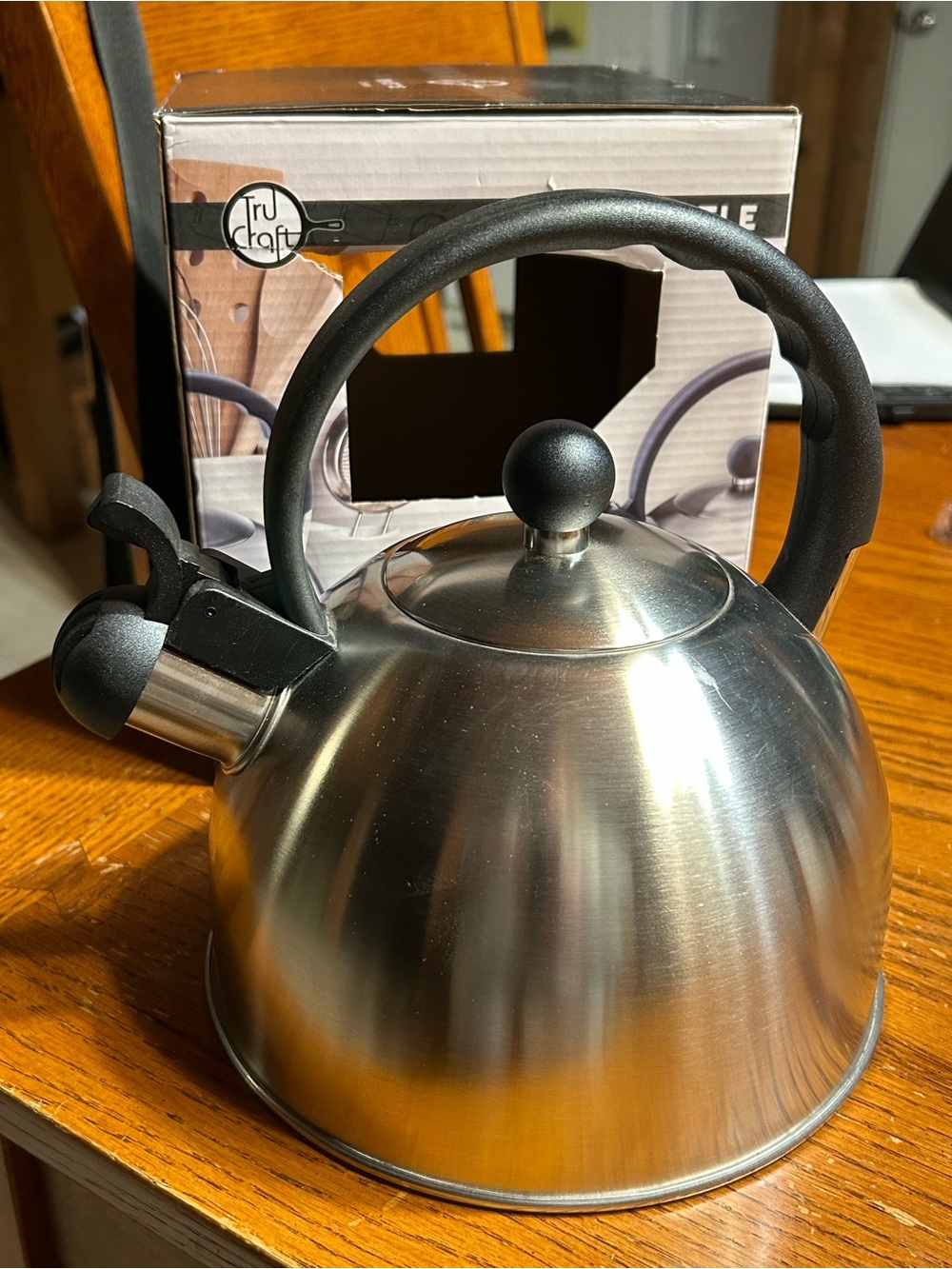 Tru Craft Stainless Steel Whistling Tea Kettle with Black Handle NEW IN BOX